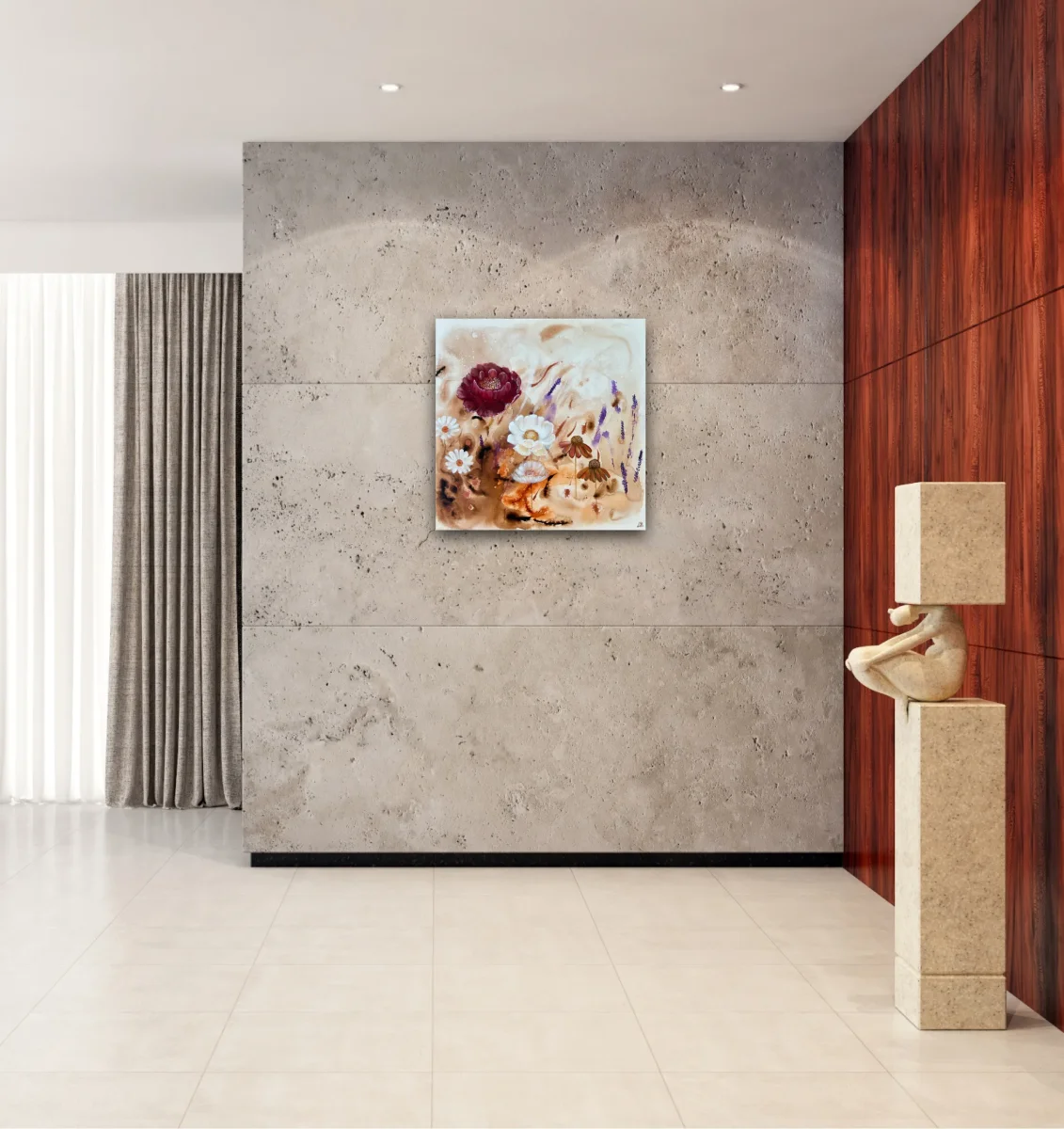 Jordens hjärtslag – en abstrakt tavla i beiga toner med blommor – pioner, solhatt och lavendel – originalkonst av Art by Lycke - Bild 6