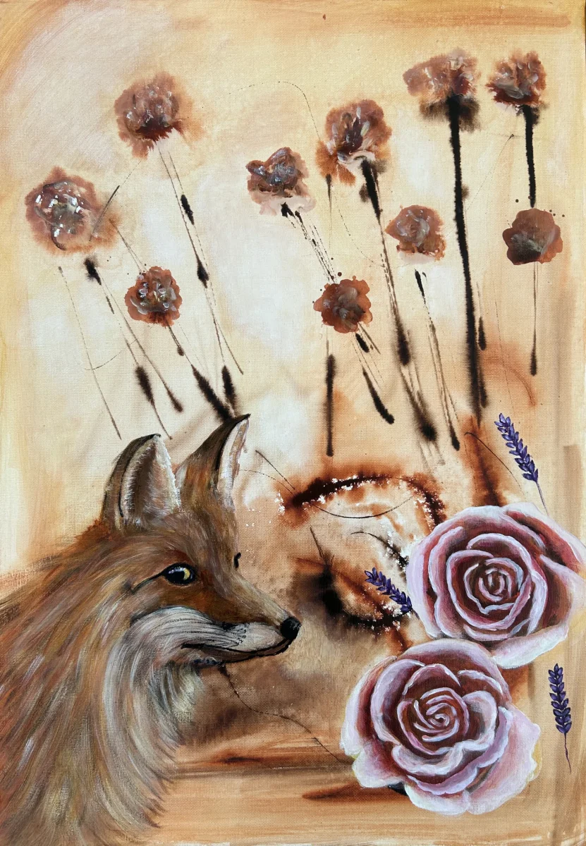 I rävens trädgård – en abstrakt tavla med en räv, rosor och lavendel – originalkonst av Art by Lycke - Bild 2