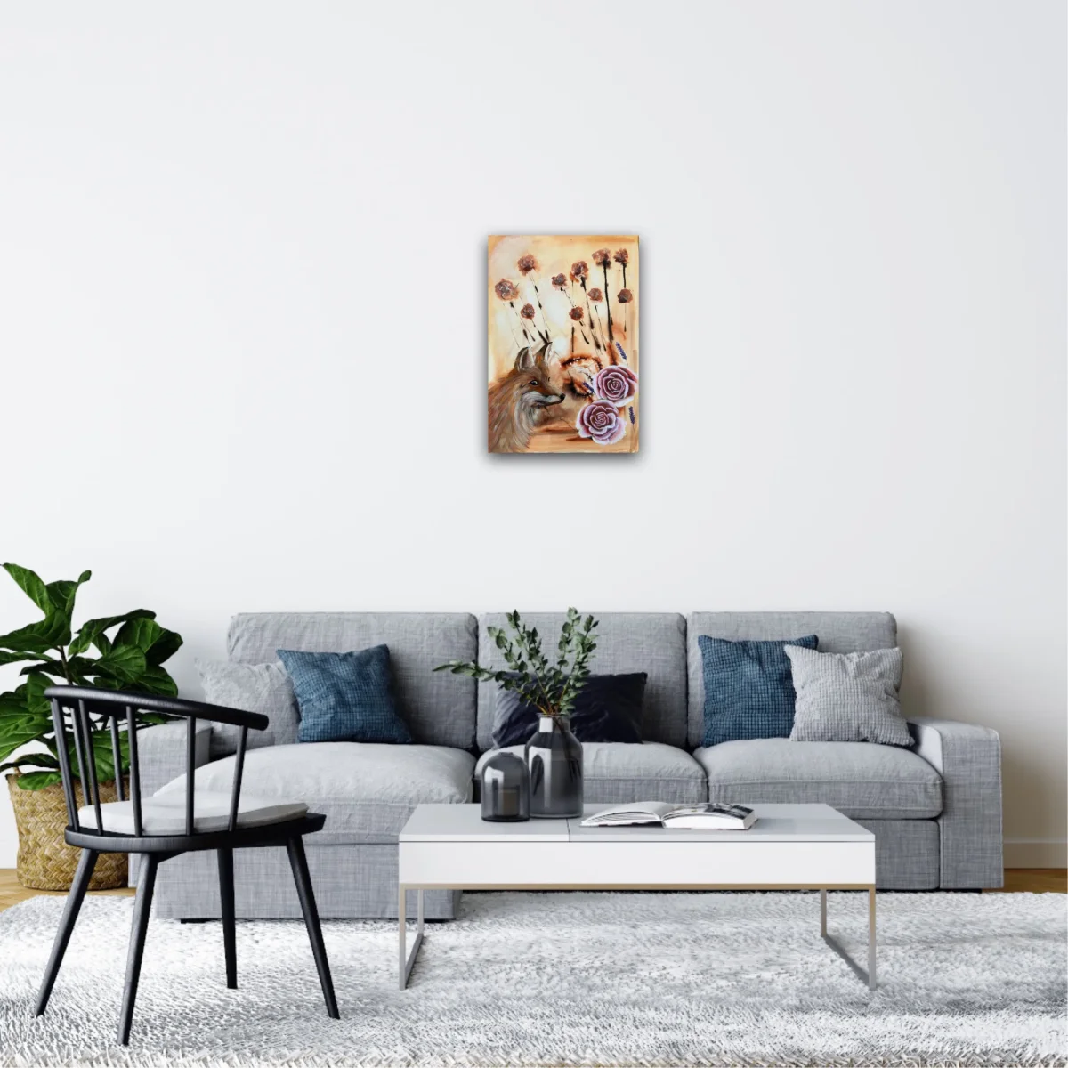 I rävens trädgård – en abstrakt tavla med en räv, rosor och lavendel – originalkonst av Art by Lycke - Bild 3