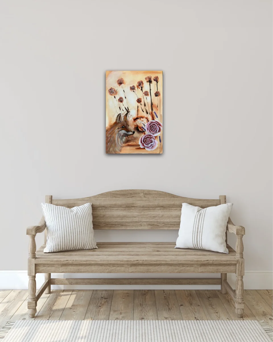 I rävens trädgård – en abstrakt tavla med en räv, rosor och lavendel – originalkonst av Art by Lycke - Bild 7