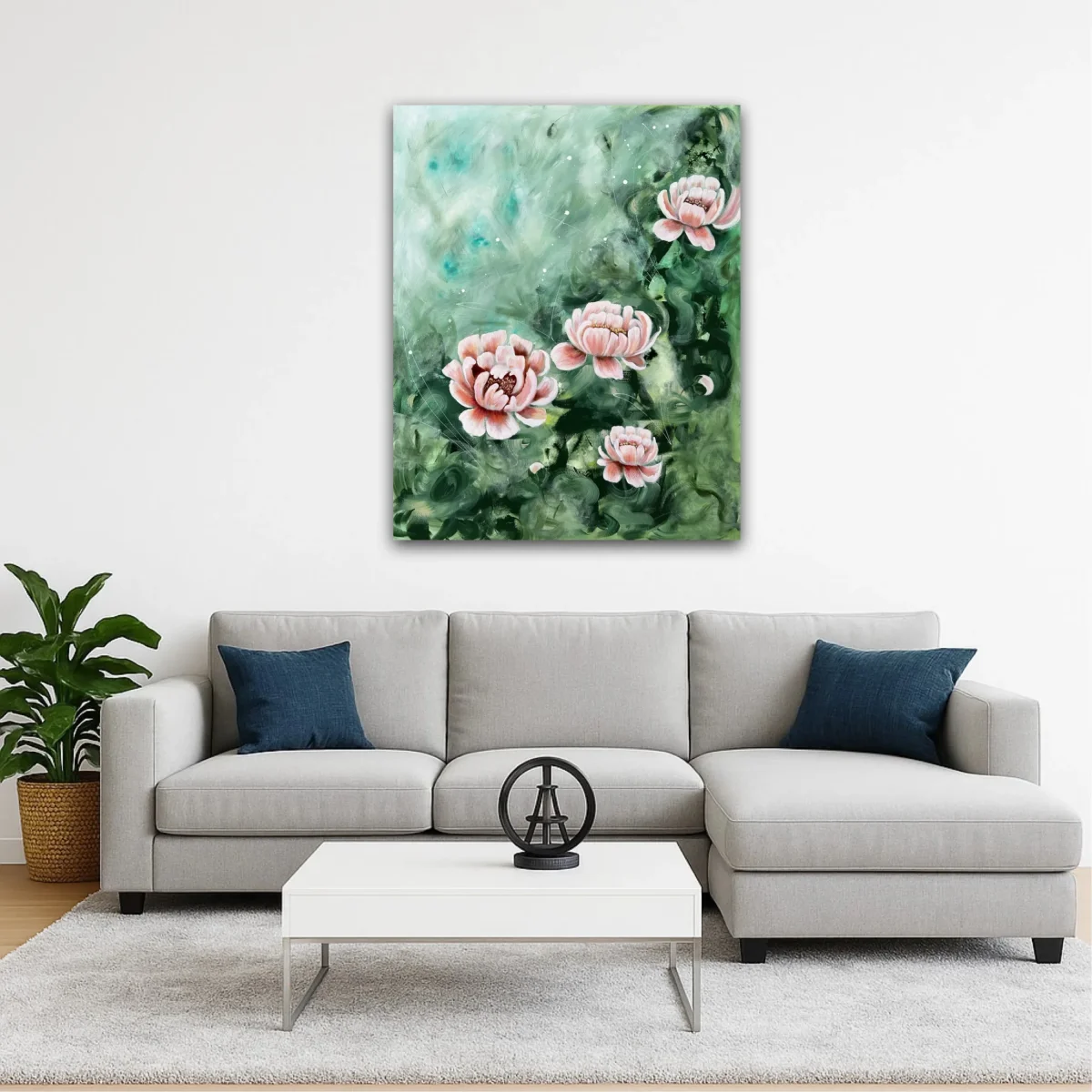 I det gröna djupet – Stor abstrakt tavla i gröna toner med pioner – originalkonst av Art by Lycke - Bild 3