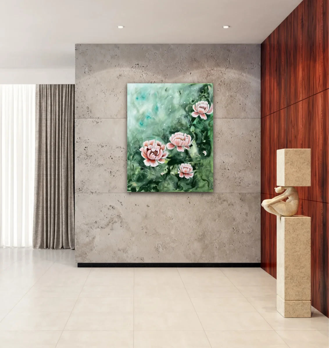I det gröna djupet – Stor abstrakt tavla i gröna toner med pioner – originalkonst av Art by Lycke - Bild 5
