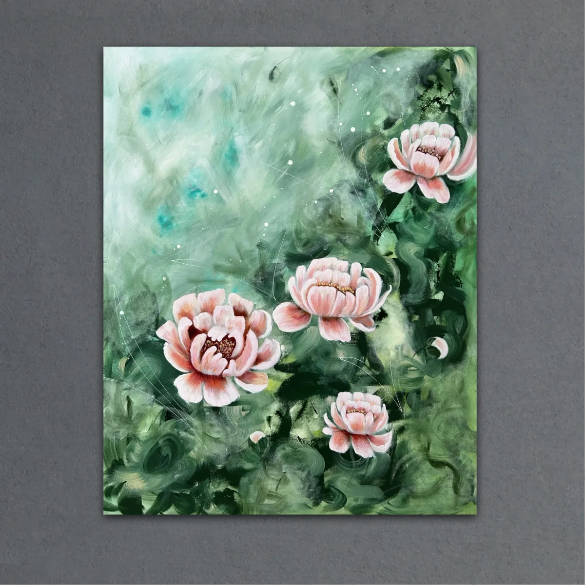 I det gröna djupet – Stor abstrakt tavla i gröna toner med pioner – originalkonst av Art by Lycke - Bild 6
