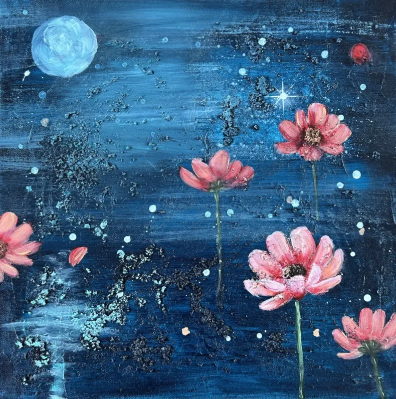 Blossom of the Night Sky – en abstrakt tavla med blommor, originalkonst av Art by Lycke - Bild 2
