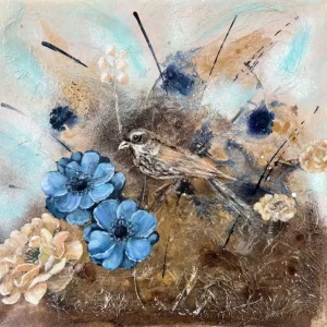 Where Silence Rests – en abstrakt tavla med struktur, blommor och fågel, originalkonst av Art by Lycke